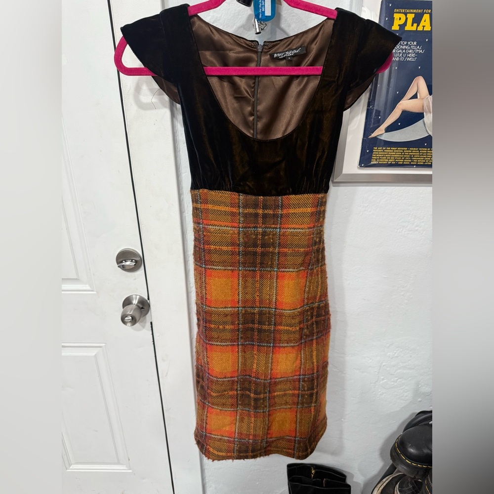 Betsey Johnson Black Velvet Top Orange Plaid Wool Dress vintage